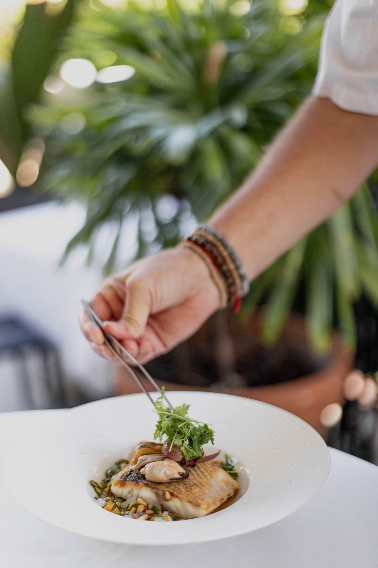 Closeup of chef decorating the dish at Brazilian Court 